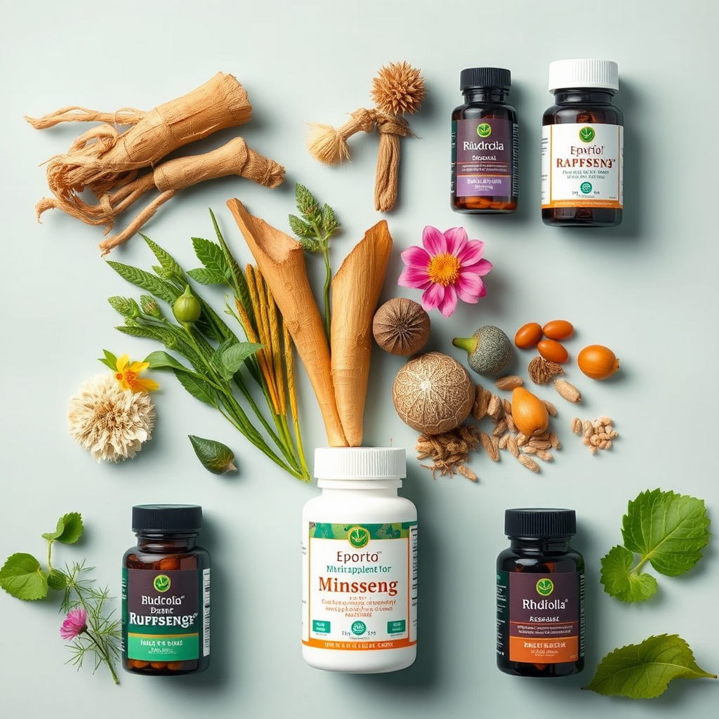 Variedad de plantas medicinales y suplementos naturales para la salud masculina, incluyendo ginseng, rhodiola y otros adaptógenos, presentados de forma científica