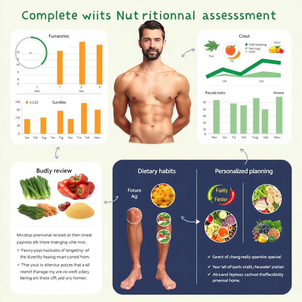 Proceso completo de evaluación nutricional mostrando análisis de composición corporal, revisión de hábitos alimentarios y planificación personalizada para salud masculina