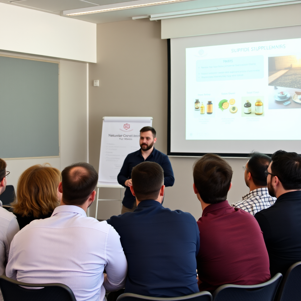 Taller educativo en Valencia sobre suplementos naturales para hombres, instructor experto presentando beneficios de productos naturales a grupo de participantes